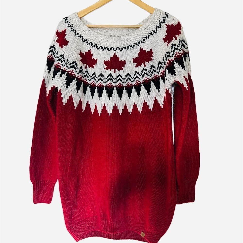 CANADIAN Boho Fair isle knitted Red- White- Maple Leaf print Fisherman Sweater.L